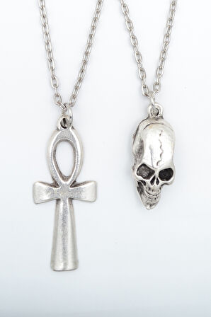 2'li Ankh Anahtarı - Nil'in Anahtarı - Kuru Kafa Gümüş Kaplama Kolye Seti