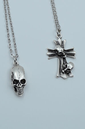 2'li Kuru Kafa Haç Kuru Kafa Gümüş Kaplama Kolye Seti