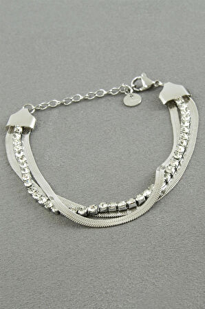 İtalyan Zincirli Zirkon Taşlı Lüks Çelik Bileklik