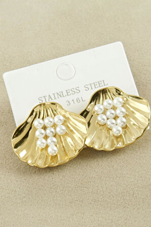 İstiridye İnci Lüks Çelik Küpe