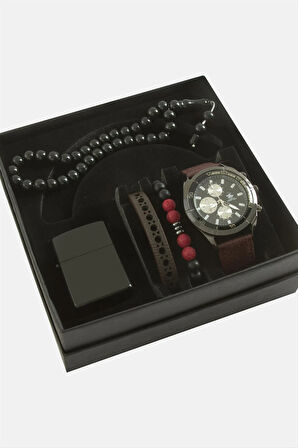 Kayışlı Kol Saati Tesbih Bileklik ve Çakmak Kutulu Set