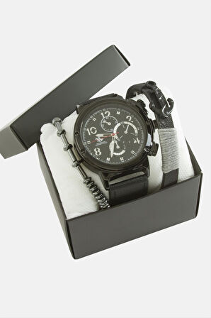 Kayışlı Erkek Kol Saati ve Kutulu Bileklik Kombini