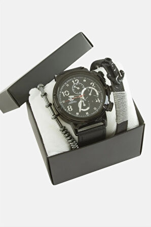 Kayışlı Erkek Kol Saati ve Kutulu Bileklik Kombini