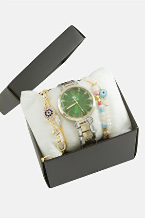 Metal Bayan Kol Saati ve Kutulu Bileklik Kombini