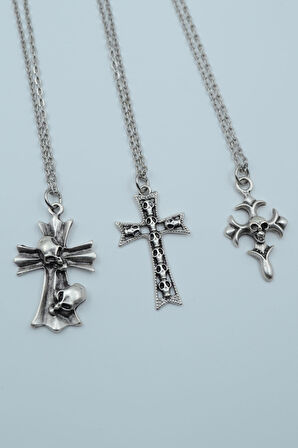 3'lü Kuru Kafa Haç Gümüş Kaplama Kolye Seti