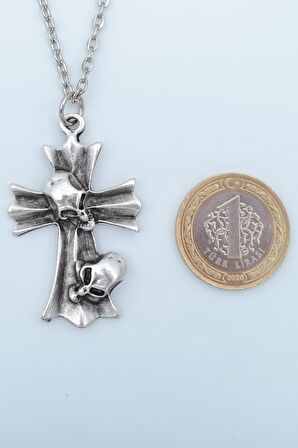 2'li Kuru Kafa Haç - Orak Azrail Erkek Kadın Kolye Seti 925 Ayar Gümüş Kaplama