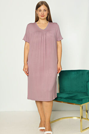 Pembe Dantelli Likralı Kısa Kollu Büyük Beden Gecelik