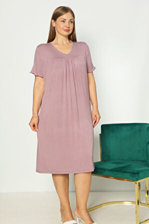 Pembe Dantelli Likralı Kısa Kollu Büyük Beden Gecelik