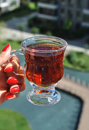 4 Adet Ayaklı Cam Bardak - Kulplu Çay Kahve Bardağı 180 ml
