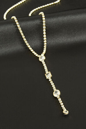 Oval Şerit Taşlı Çelik Y Kolye