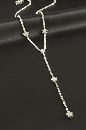 Çiçek Şerit Taşlı Çelik Y Kolye