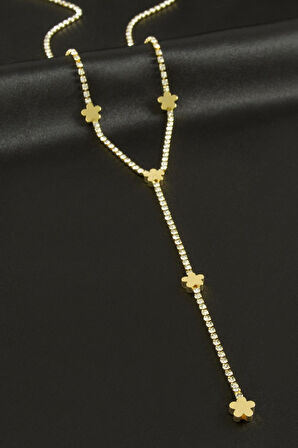 Çiçek Şerit Taşlı Çelik Y Kolye