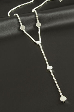 Yuvarlak Şerit Taşlı Çelik Y Kolye