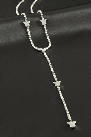 Kelebek Şerit Taşlı Çelik Y Kolye