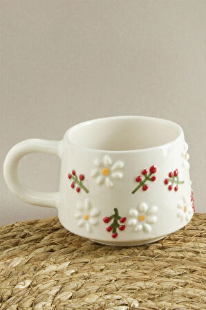 Papatya Kiraz Desenli Seramik Kupa