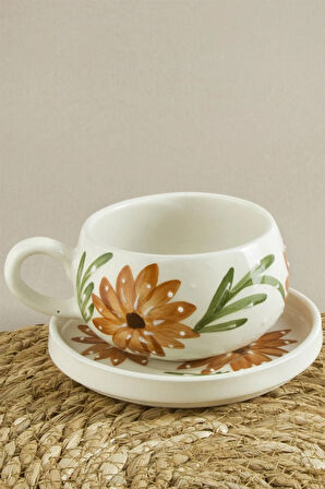 Çiçek Desenli Seramik Tabaklı Kupa