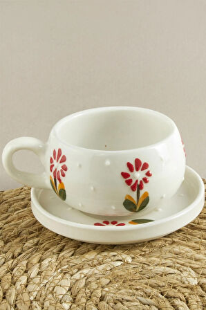 Papatya Desenli Seramik Tabaklı Kupa