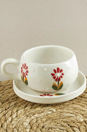 Papatya Desenli Seramik Tabaklı Kupa