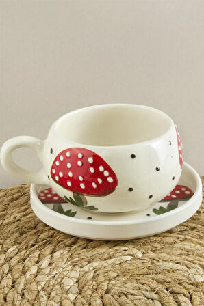 Mantar Desenli Seramik Tabaklı Kupa