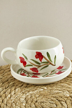 Çiçek Desenli Seramik Tabaklı Kupa