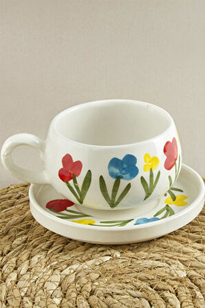 Çiçek Desenli Seramik Tabaklı Kupa