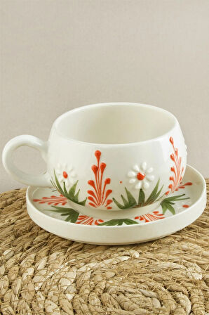 Çiçek Desenli Seramik Tabaklı Kupa