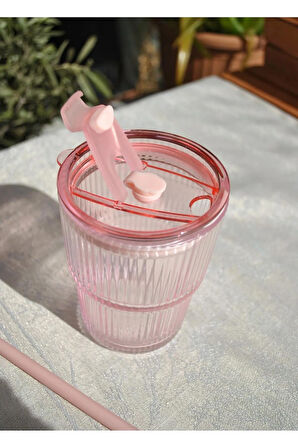1 Adet Pipetli Sızdırmaz Kapaklı Cam Bardak Pembe Matara - 430 ml