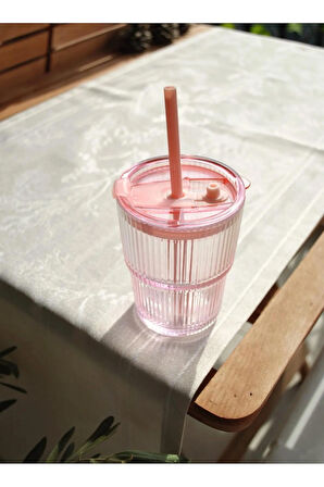 1 Adet Pipetli Sızdırmaz Kapaklı Cam Bardak Pembe Matara - 430 ml