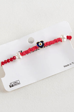 Kalp İnci Fimo Kristal Makrome İp Bileklik