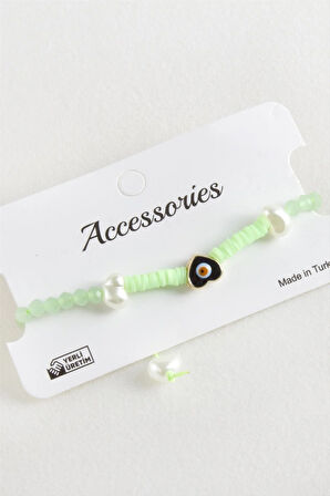 Kalp İnci Fimo Kristal Makrome İp Bileklik