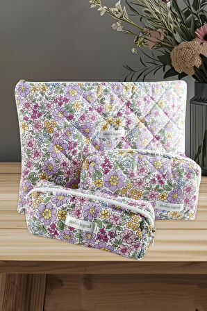 Çiçek Desenli Kalem Makyaj Labtop Bilgisayar Set Çantası