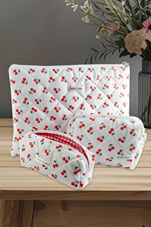 Kiraz Desenli Kalem Makyaj Labtop Bilgisayar Set Çantası