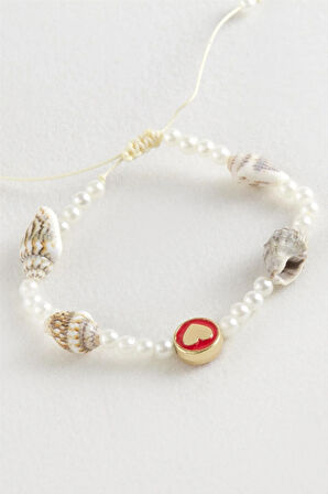 Kalp Deniz Kabuğu İnci Makrome İp Bileklik