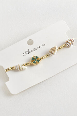 Yonca Deniz Kabuğu İnci Makrome İp Bileklik