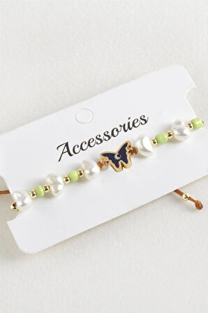 Kelebek Boncuk İnci Makrome İp Bileklik