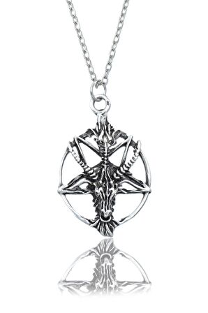 Ters Pentagram Keçi Kafası Erkek Kadın Kolye Antik Gümüş Kaplama - 60 cm Düz Zincir