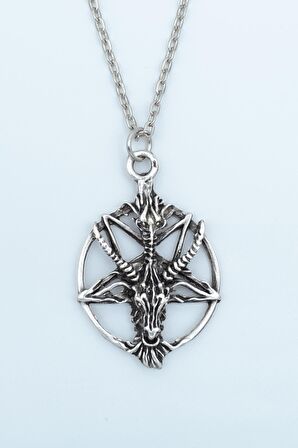 Ters Pentagram Keçi Kafası Erkek Kadın Kolye Antik Gümüş Kaplama - 60 cm Düz Zincir