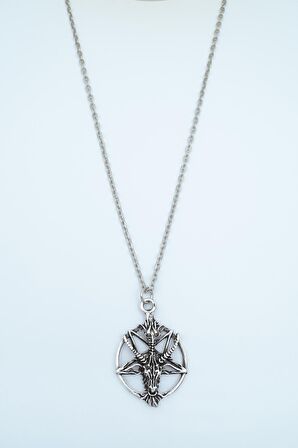 Ters Pentagram Keçi Kafası Erkek Kadın Kolye Antik Gümüş Kaplama - 60 cm Düz Zincir