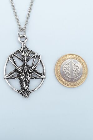 Ters Pentagram Keçi Kafası Erkek Kadın Kolye Antik Gümüş Kaplama - 60 cm Düz Zincir