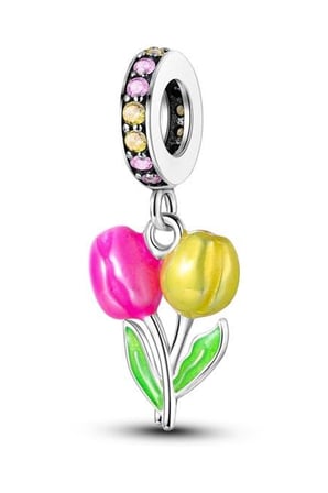  Pembe Ve Sarı Laleler Sallantılı 925 Ayar Gümüş Charm