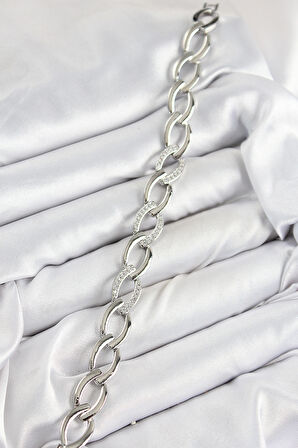 Pirinç Zirkon Taşlı Zincir Model Gümüş Renk Kadın Bileklik