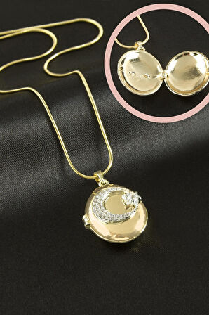 Ay Yıldız Zirkon Taşlı Kapaklı Lüks Çelik Kolye