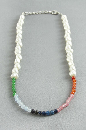 Renkli Doğaltaşlı İnci Kolye