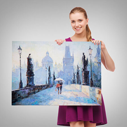 Harita Sepeti Şemsiye Altında Bir Çift Aşık Temalı Kanvas Duvar Tablosu-1187