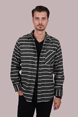 Antrasit Beyaz Çizgili Oversize Erkek Gömlek