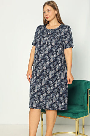 Kadın Büyük Beden Önden Düğmeli Desenli Kısa Kollu Gecelik