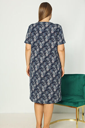 Kadın Büyük Beden Önden Düğmeli Desenli Kısa Kollu Gecelik