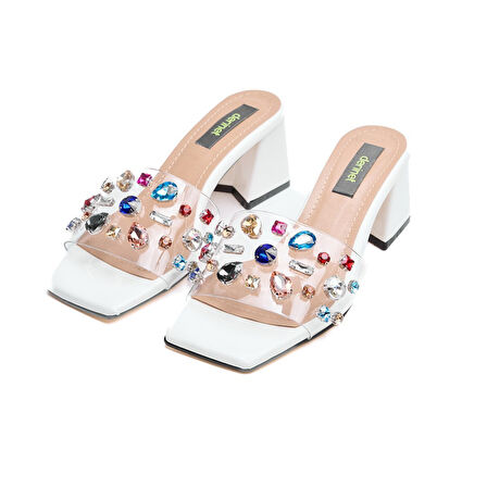 Renkli Taşlı Şeffaf Bantlı Kadın Topuklu Terlik 