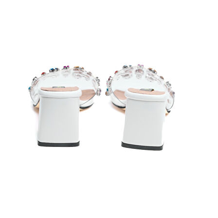 Renkli Taşlı Şeffaf Bantlı Kadın Topuklu Terlik 