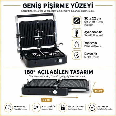 Arnell Tost Makinesi 180° Katlanabilir Çıkarılabilir Döküm Plakalı Isı Ayarlı Izgara